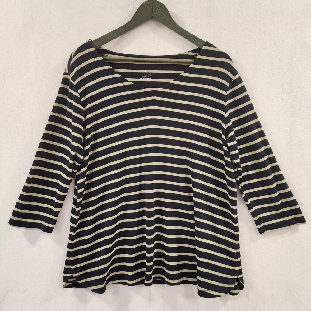 JJill Pima Cotton Striped 3/4 Sleeve V-Neck Tee Navy Cream XL